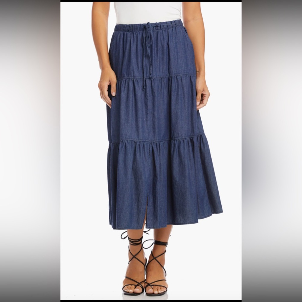 Karen Kane tiered dark denim midi skirt, XL, western, flowy, elastic waist.